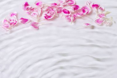 Suda gül yaprakları. Dalgalar, su, taç yaprakları. Çiçek, su damlıyor, dökülüyor.