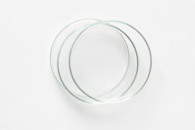 Hafif arka planda üç boş Petri kabı.