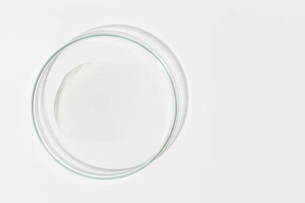 stock image Petri dish on a light background. With a smear of white cream. Cosmetic cream, face mask, cream texture. View from above
