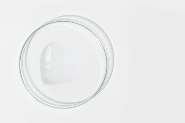 浅色背景的Petri盘 用清澈的凝胶涂片 化妆品凝胶 润滑剂 从上面看 — 图库照片