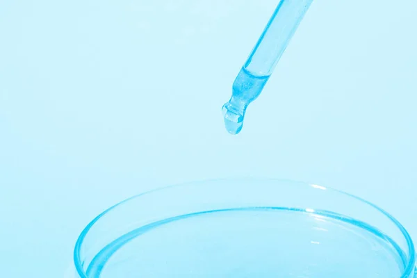 滴着蓝色液体的琵琶 在一个带有蓝色液体的培养皿上 蓝色的背景 实验室 化妆品研究 — 图库照片