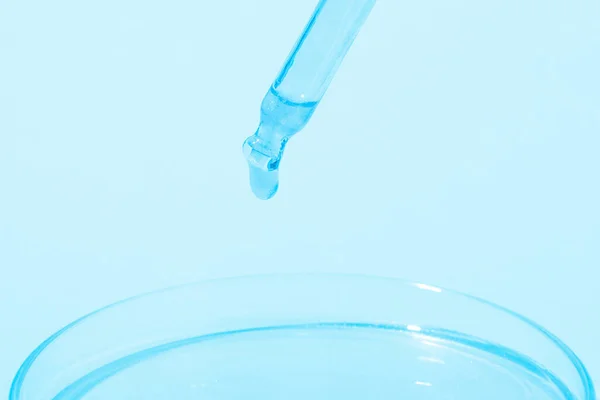Pipeta Com Líquido Azul Pingando Numa Placa Petri Com Líquido — Fotografia de Stock