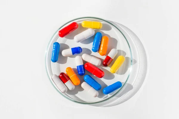 Pusta Szalka Petriego Wypełnione Kolorowymi Kapsułkami Tabletkami Białym Tle Jasne — Zdjęcie stockowe