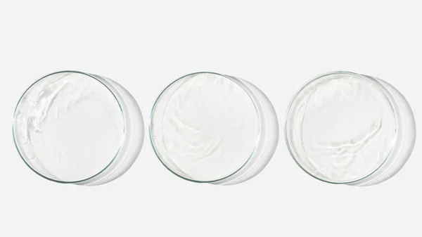 Três Placas Petri Fundo Claro Com Líquido Água Salpicos Água — Fotografia de Stock