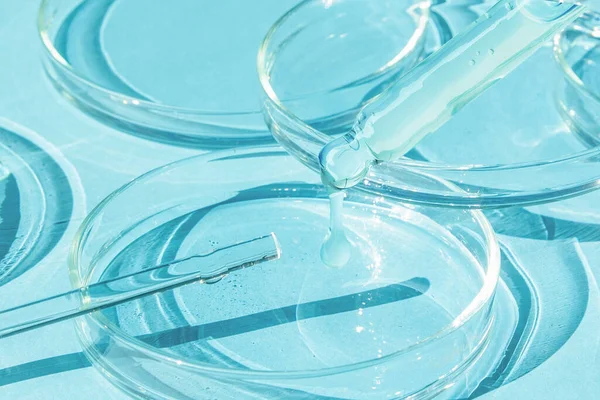 Gélt Csepegtetni Egy Pipettáról Egy Petri Csészébe Kék Alapon Kozmetikai — Stock Fotó