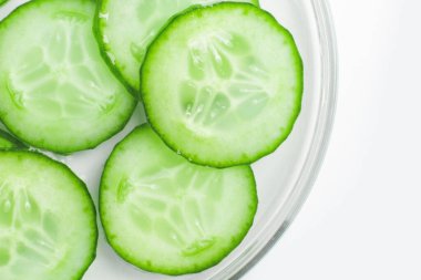 Petri kabında ince dilimlenmiş taze yeşil salatalık..