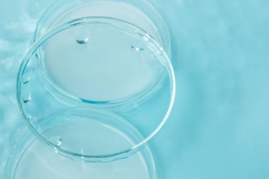 Mavi su arka planında laboratuvar aletleri boş Petri kabı, mataralar, kavanozlar.