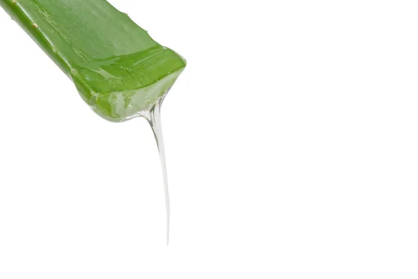 Liść Zielonej Świeżej Aloesu Kapaniem Przejrzystego Żelu Białym Tle — Zdjęcie stockowe
