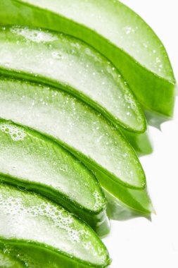 Kaydıraklar, taze yeşil aloe vera parçaları. Beyaz bir arkaplanda. 