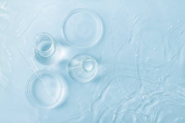 Sudaki laboratuvar aletleri. Üst Manzara. Petri kapları, mataralar, test tüpleri. Mavi renk.