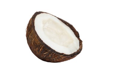 Beyaz arka planda hindistan cevizi kabuğunda yarım hindistan cevizi.