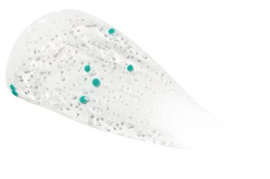 Smear, berrak jel ve mavi granüller, beyaz arka planda serum.