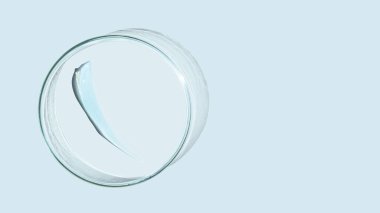 Mavi arka planda şeffaf jel ya da serumun petri kabı, damlası ve merhemi. Reklam için boş yeri olan pankart.