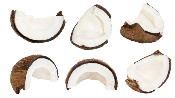 Zestaw Całych Orzechów Kokosowych Kawałków Kokosa Białym Tle — Zdjęcie stockowe