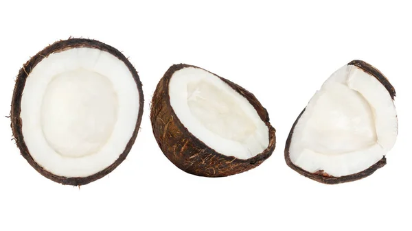 Set Aus Ganzen Kokosnüssen Und Kokosstücken Auf Weißem Hintergrund — Stockfoto