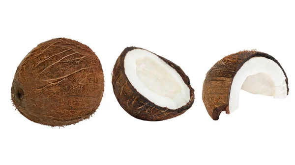 Set Aus Ganzen Kokosnüssen Und Kokosstücken Auf Weißem Hintergrund — Stockfoto
