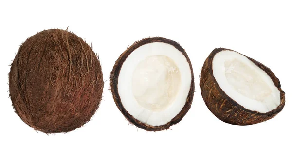 Sada Celých Kokosů Kousků Kokosu Bílém Pozadí — Stock fotografie
