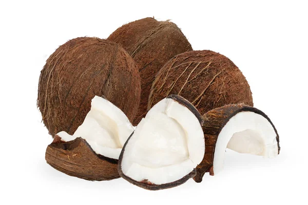 Set Van Hele Kokosnoten Stukjes Kokosnoot Een Witte Achtergrond — Stockfoto