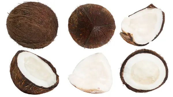 Set Van Hele Kokosnoten Stukjes Kokosnoot Een Witte Achtergrond — Stockfoto