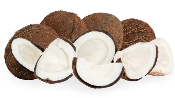 Zestaw Całych Orzechów Kokosowych Kawałków Kokosa Białym Tle — Zdjęcie stockowe