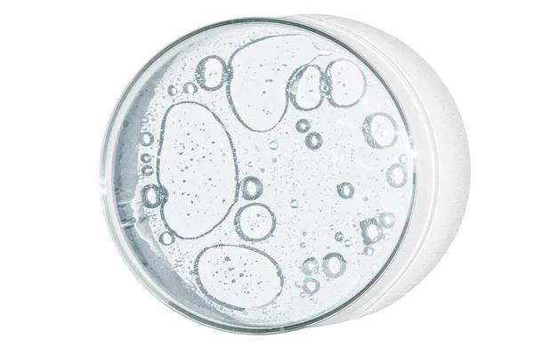 Petrischaaltje Geïsoleerd Lege Achtergrond Druppels Vlekken Bacteriën Moleculen Een Petrischaaltje Stockfoto