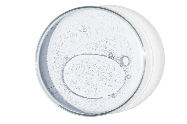 Petrischaaltje Geïsoleerd Lege Achtergrond Druppels Vlekken Bacteriën Moleculen Een Petrischaaltje Stockafbeelding