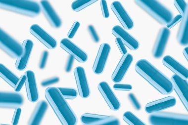 Mavi haplar ve haplar. Uçuyorlar. Hafif bir arkaplanda.