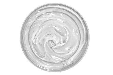 Yuvarlak bir kavanozda şeffaf kozmetik jel. Yukarıdan bak. Boş bir arkaplanda.