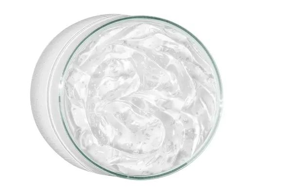 Petri kabında şeffaf kozmetik jel. Yukarıdan bak. Boş bir arkaplanda.