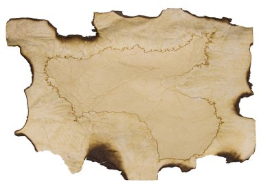 Retro yırtılmış kağıt. Yanmış kenarlar. Yanmış kağıt. Küller. Parşömenler, buruşuk kağıtlar. Antik anıtlar. Boş bir arkaplanda. 