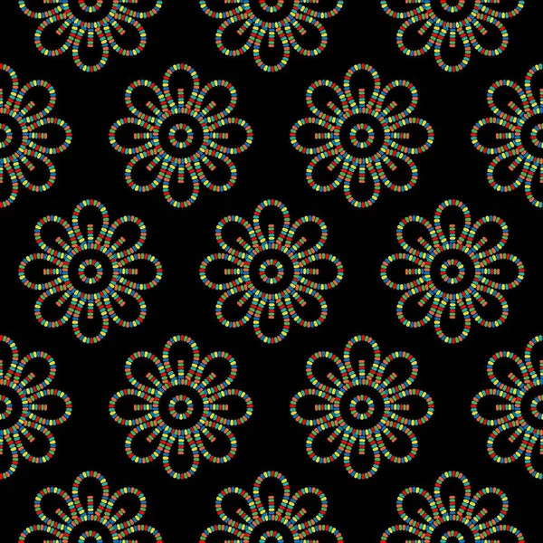 ビーズの花のシームレスなベクトルパターン黒の背景 — ストックベクタ