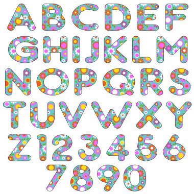 Mavi arkaplanda çiçek desenli alfabe