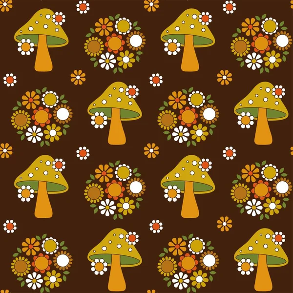 茶色の背景にキノコと花のシームレスなパターン — ストックベクタ