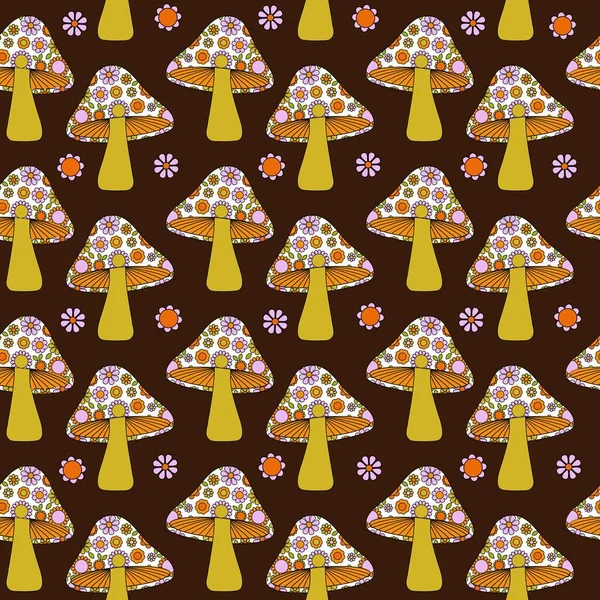 茶色の背景に花キノコのModシームレスなパターン — ストックベクタ