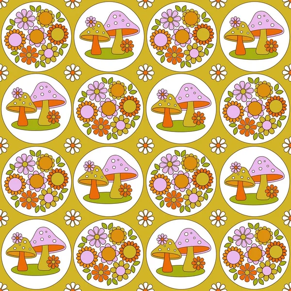 Mushroom Flower Circles Seamless Pattern Yellow Background — Stock Vector