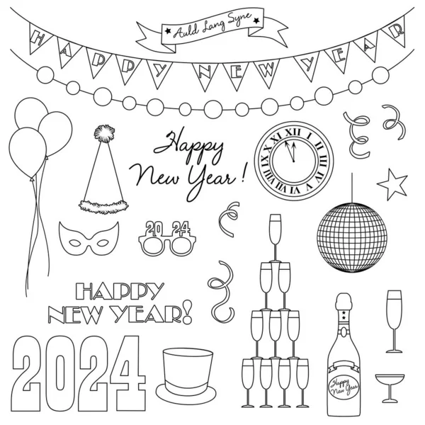 2024 New Year Eve Black Outline Vector Illustrations Лицензионные Стоковые Иллюстрации