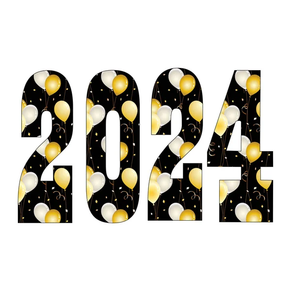 Año Nuevo Víspera 2024 Tipografía Con Globos Patrón Confeti Gráficos vectoriales