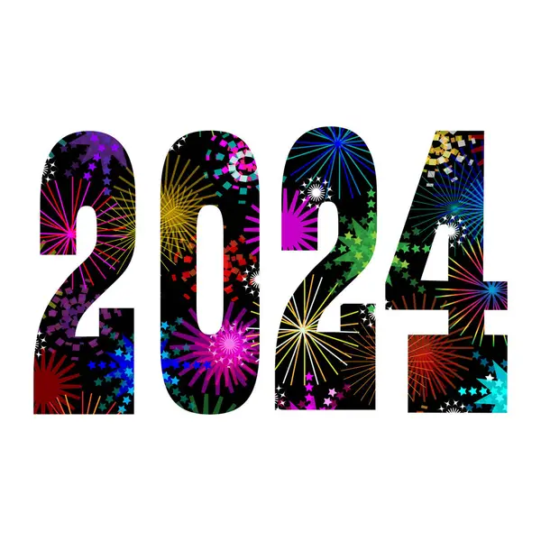 Capodanno 2024 Tipografia Con Luminoso Modello Fuochi Artificio Illustrazione Stock