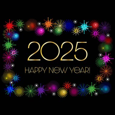 2025 altın mutlu yeni yıl tipografisi mod havai fişek çerçeveli siyah arkaplan 