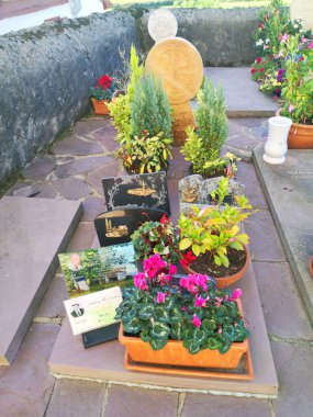 Ainhoa kasabasının mezarlığında, çağdaş tarzda mezarlar ve Kelt diskoid çeliği bir arada bulunur.,