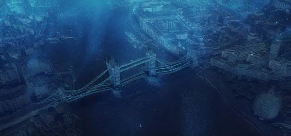 两极融化和海平面上升后伦敦城市的反乌托邦式摄影 这是人类活动造成的气候变化的产物 — 图库照片