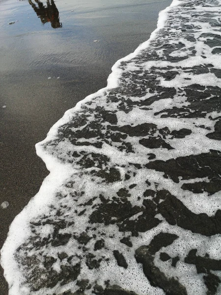 照片中的一只狗在沙滩上被水覆盖的黑色沙滩上反射时 海浪的泡沫向前冲 — 图库照片