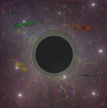 Süper kütleli bir kara delik galaksileri yutuyor, ışık ve uzay-zamanın dokusunu büküyor.,