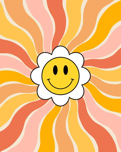 Abstraktes Grooviges Plakat Bunte Hintergrund Mit Lächeln Gesicht Gänseblümchen Wanddekor — Stockvektor