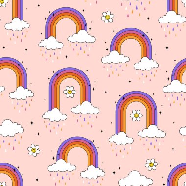Gökkuşağı, bulut ve papatya desenli kusursuz boho deseni. Moda psikedelik çizgi film tarzında vektör arkaplan. Havalı kal. İyi titreşimler..