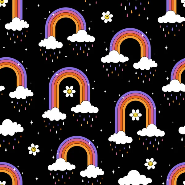 Nahtloses Boho Muster Mit Regenbogen Wolken Und Gänseblümchen Auf Dunklem — Stockvektor
