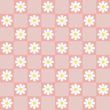 Daisy ile soyut, pürüzsüz desen. Retro kontrollü pembe arka plan. Baskı, tekstil ve kumaş için vektör dokusu.