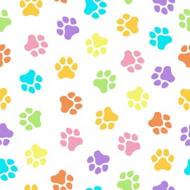 Kusursuz desen. Köpek pençesi. Vektör çizimi. Renkli patiler beyaz arka plan. Baskı, tekstil, kumaş dokusu.