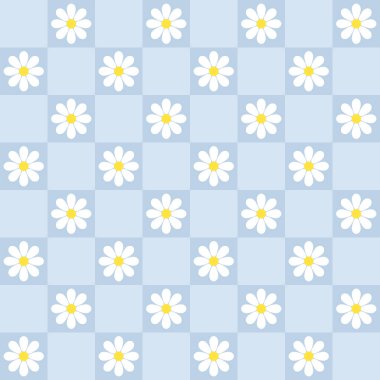 Daisy ile soyut, pürüzsüz desen. Retro kontrollü mavi arkaplan. Baskı, tekstil ve kumaş için vektör dokusu.