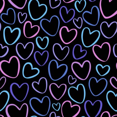 Seamless pattern with colorful hearts on black background. Valentine's day. Vector texture. 